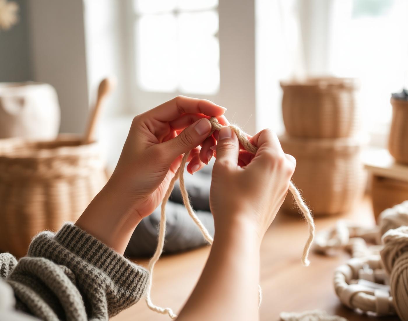 Andressa Sayuri crochetando no ateliê